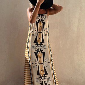 NWoT, Roshic, Take A Trip Ethnic Print Backless A-line Maxi Dress, Yellow, S